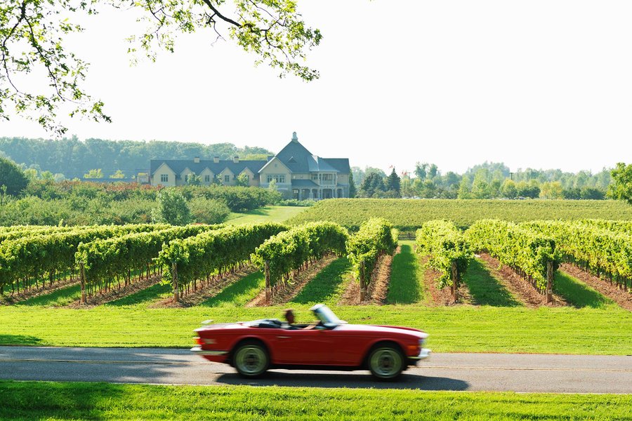 red sports car on road passing vineyards and winery in the Niagara Region